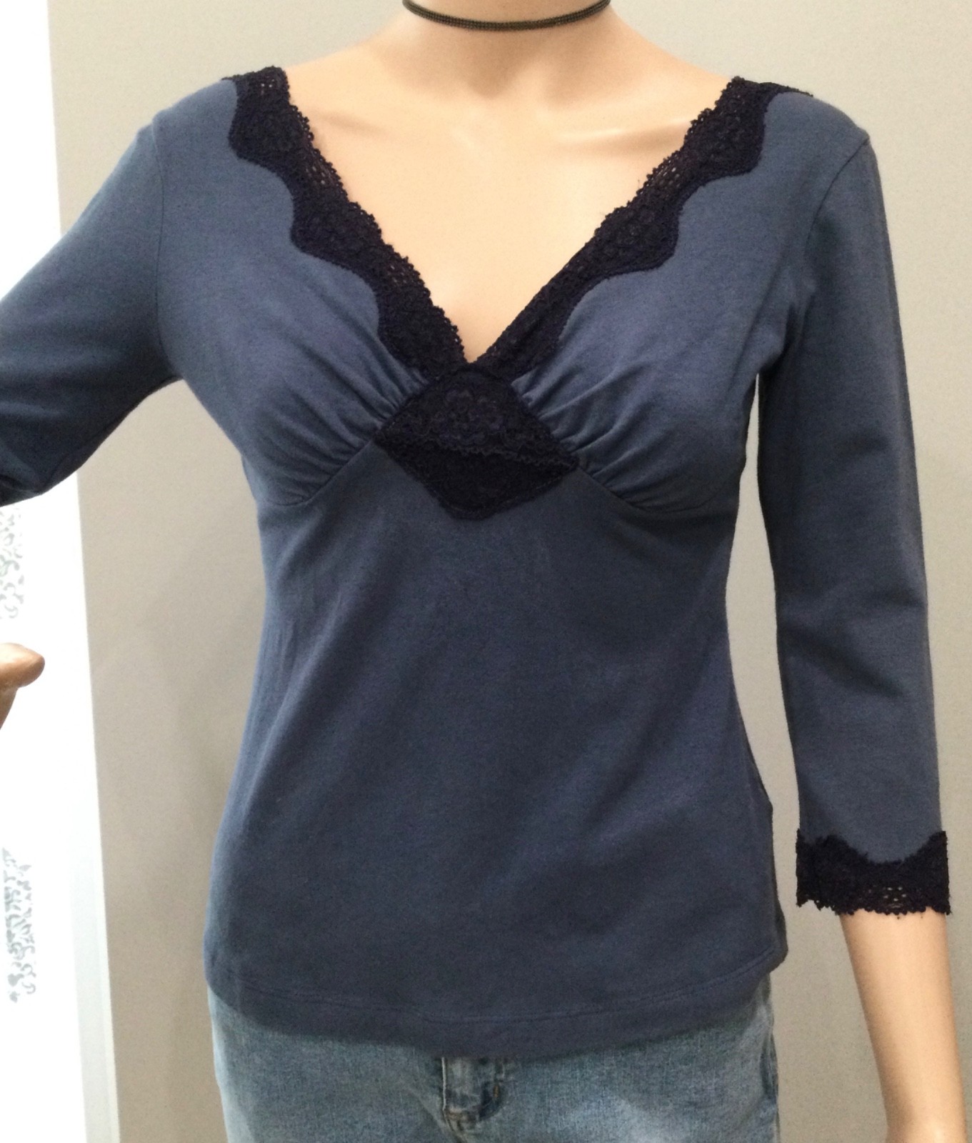 NWT Anthropologie Ann Ferriday Dusty Blue Lace Trim Romantic Top M Bella Swan