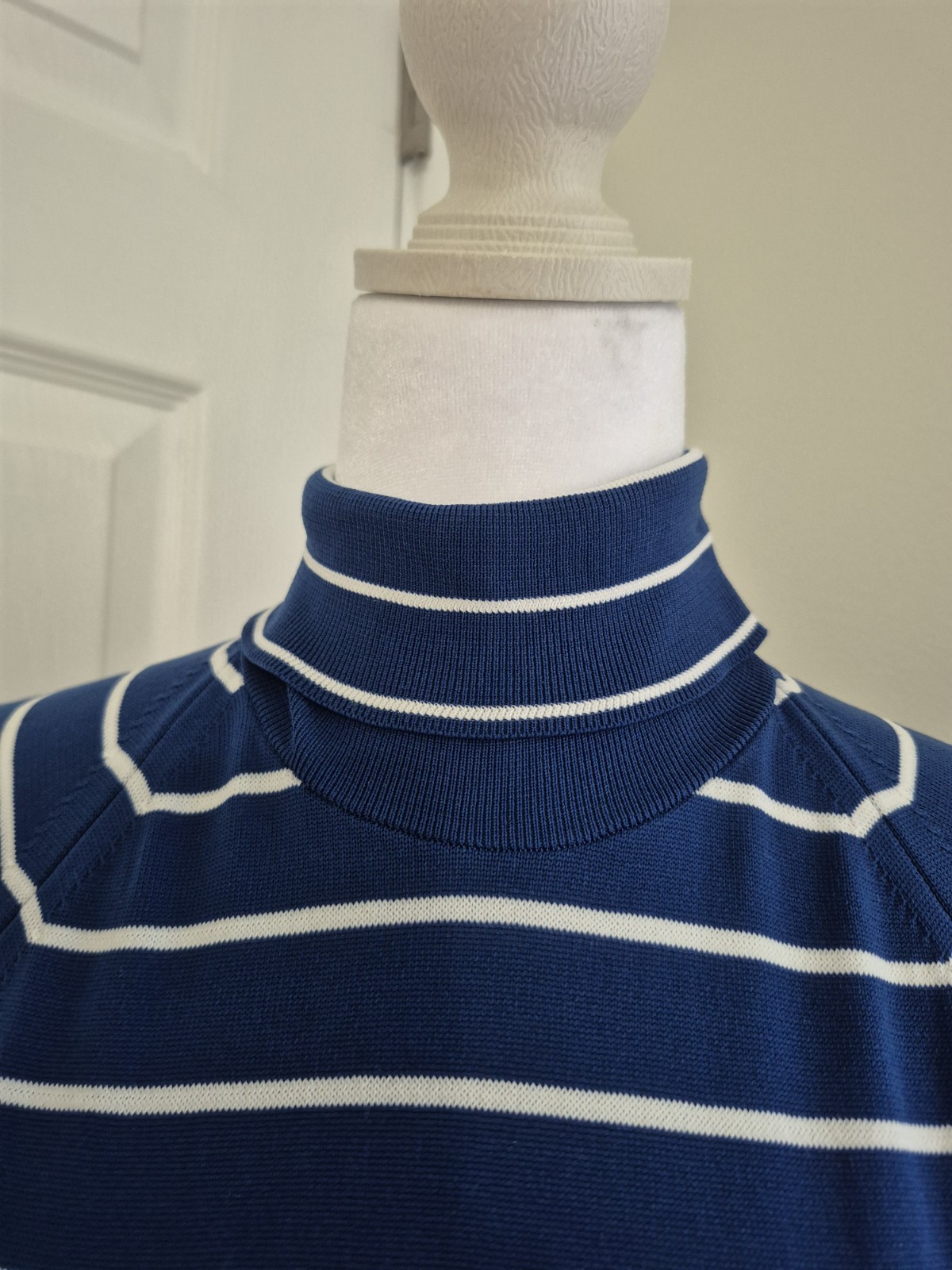 Vintage 70s Style Blue White Striped Ribbed Turtleneck Back Zip Women -Small