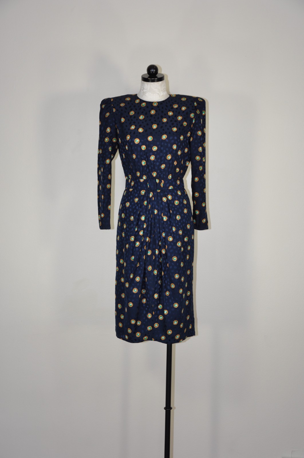 80s Vintage Navy Blue Silk Gemstone Print Puff Sleeve Back Buttons Dress Women S