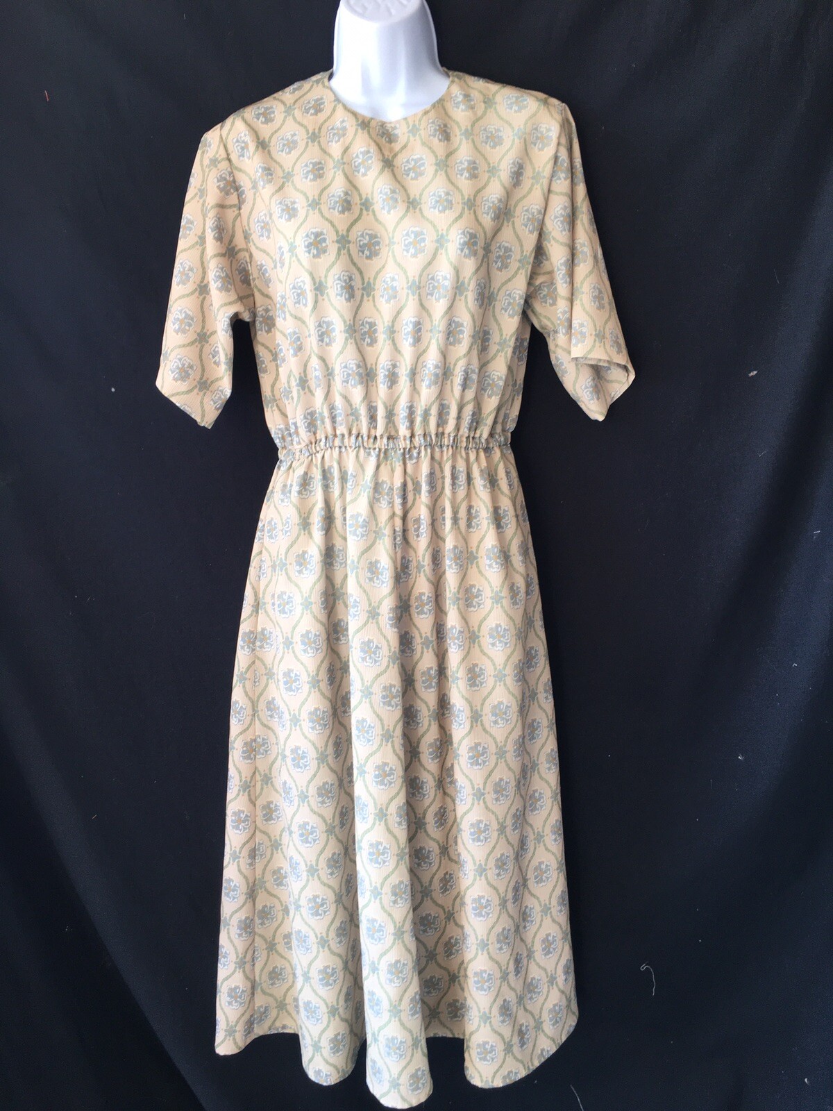 Vintage 60s 70s Rockabilly A-Line House Day Dress Beige Tan Short Sleeve Womens
