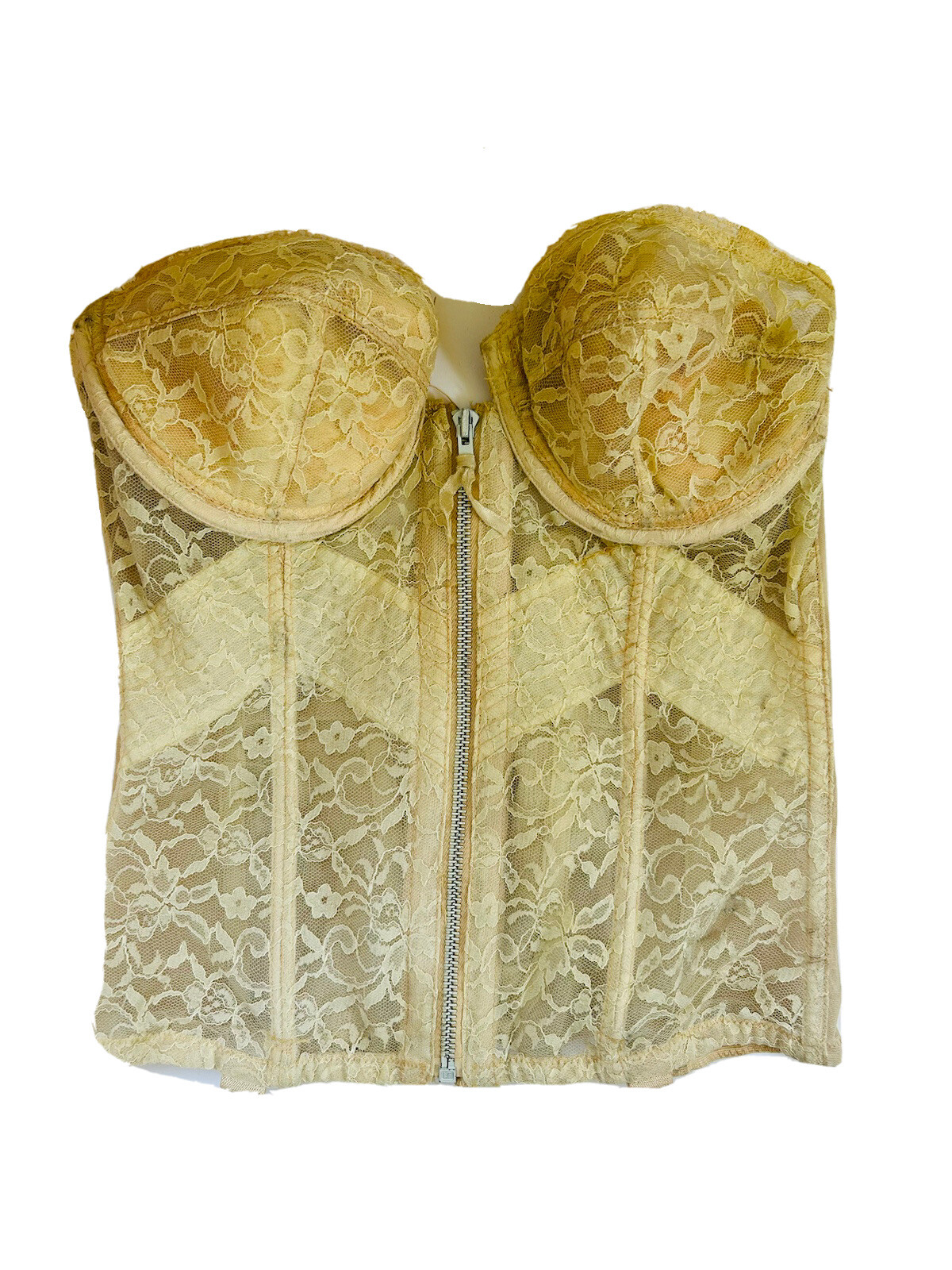 Vintage 40s Corset Top Bustier Womens 36B Lace Top Sheer Lace Zip Boning