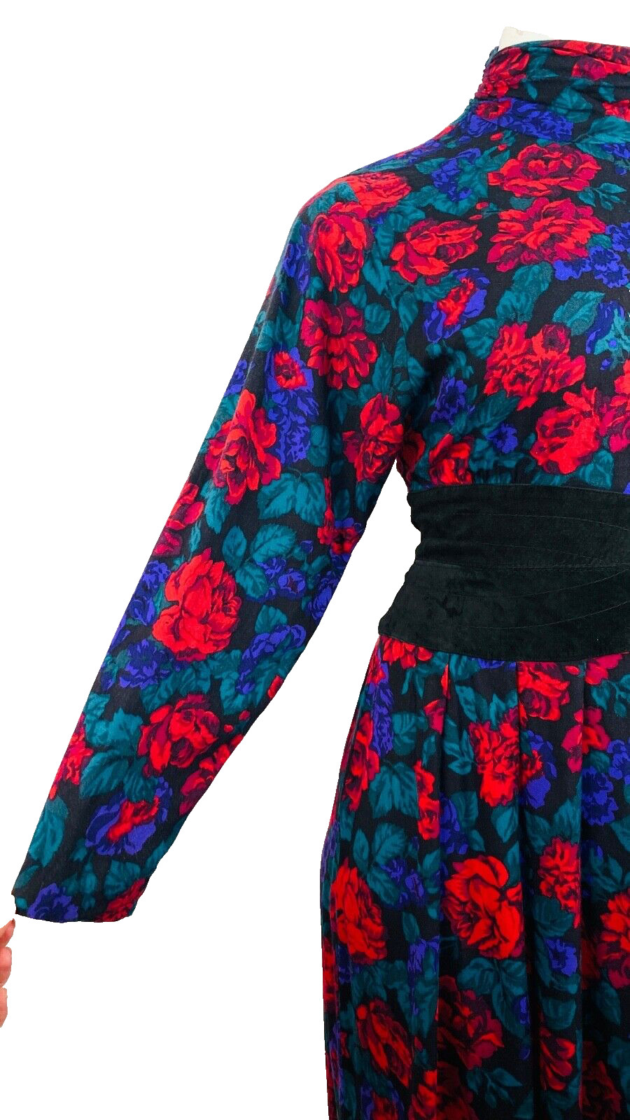 Vintage 1980s red purple floral midi dress, rayon suede waistband Victorian L XL