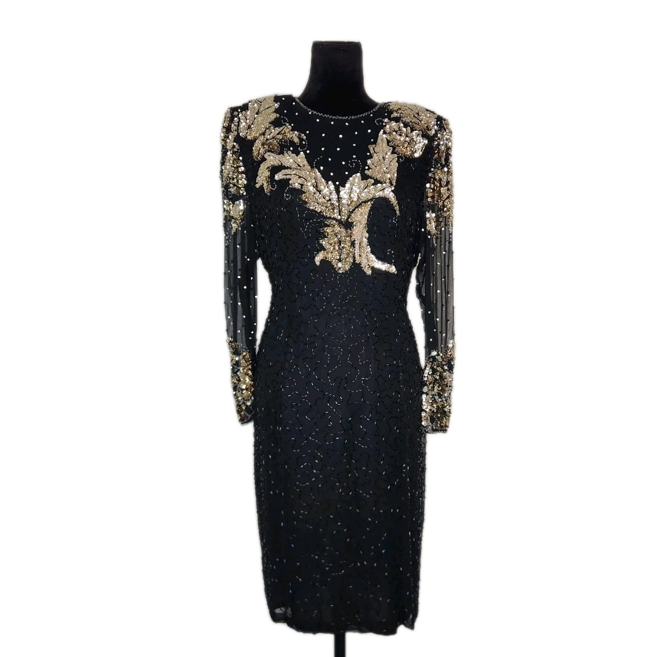 VTG Nite Line Silk Beaded Sequin Cocktail Dress Sz 16 Black Gold Sheer Sleeve
