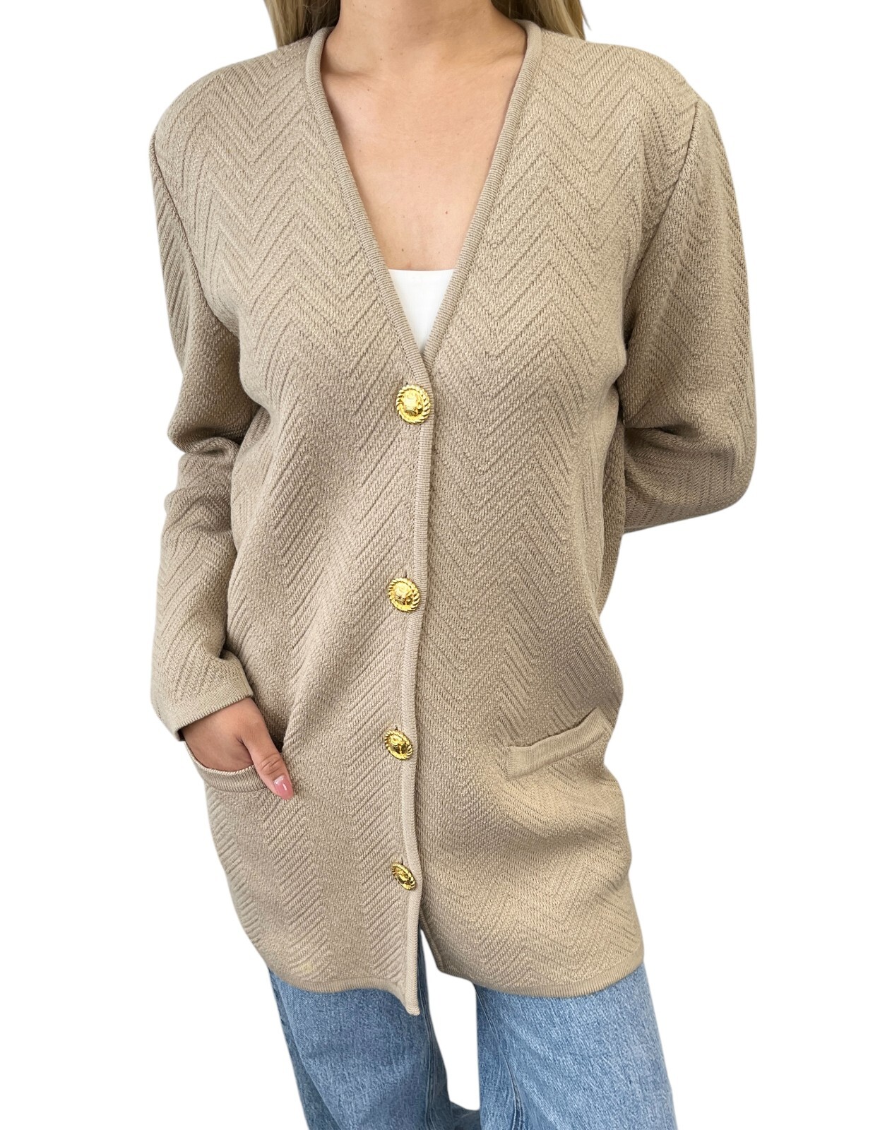 CELINE Vintage Macadam Logo Rib Knit Cardigan #38 Button Light Brown Gold Wool