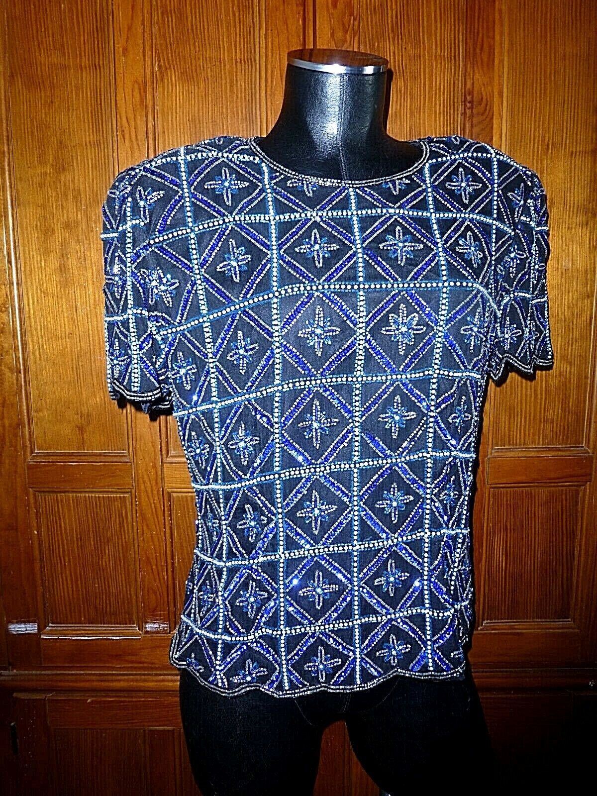 Vtg Royal Blue SEQUIN Beads Pearl Embroidered SILK Evening Party Top Blouse PL