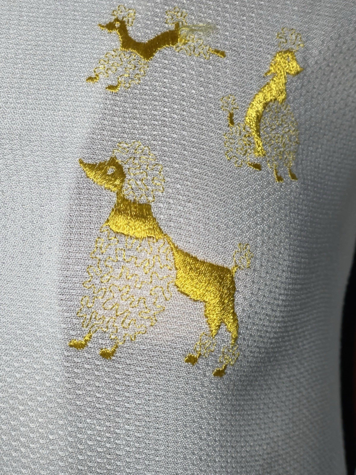 Vintage 40s 50s White Cotton RAYON Dress Embroidered Poodles 32″ Bust 32” WAIST
