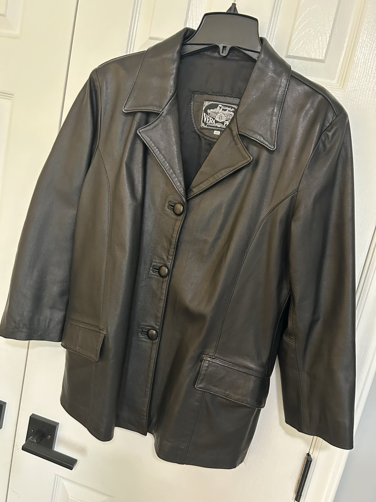 Vintage 90s Vera Pelle Black Italian Leather Blazer Jacket Women’s 46 Italy