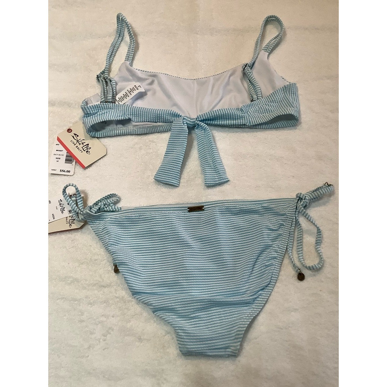 NWT sz MED Salt Life Blue Seersucker Stripe Bralette and Side Tie Bikini Set