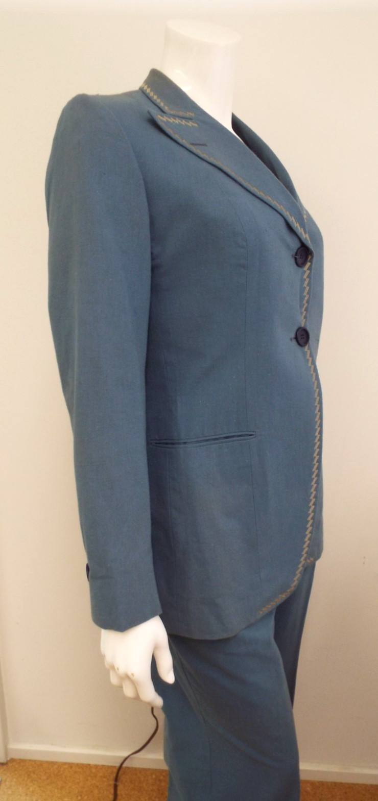 Vintage 1970s De Noyer Blue Cotton Womens Pant Suit 36 James Borynack France
