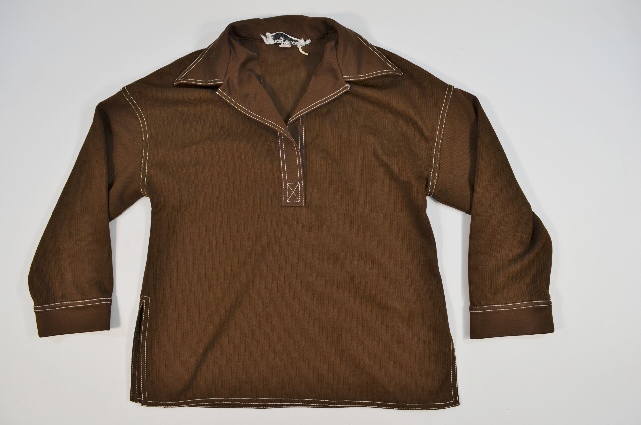 VTG Brown 70’s 80’s Women’s Big Pointed Collar Polyester Shirt Hay Pence Top