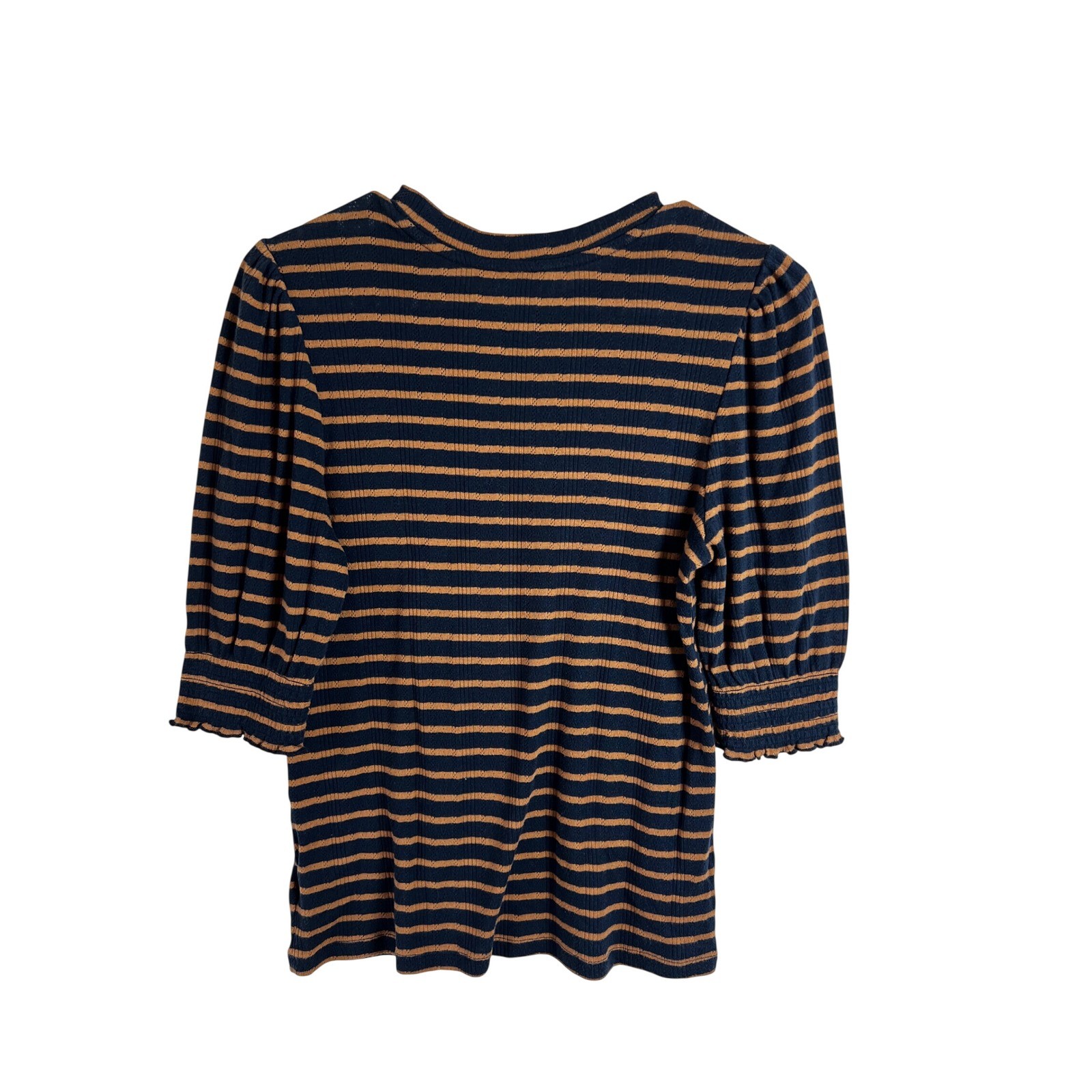 Lucky Brand Striped Puff Sleeve Knit Top Size Small Navy Brown Preppy Casual