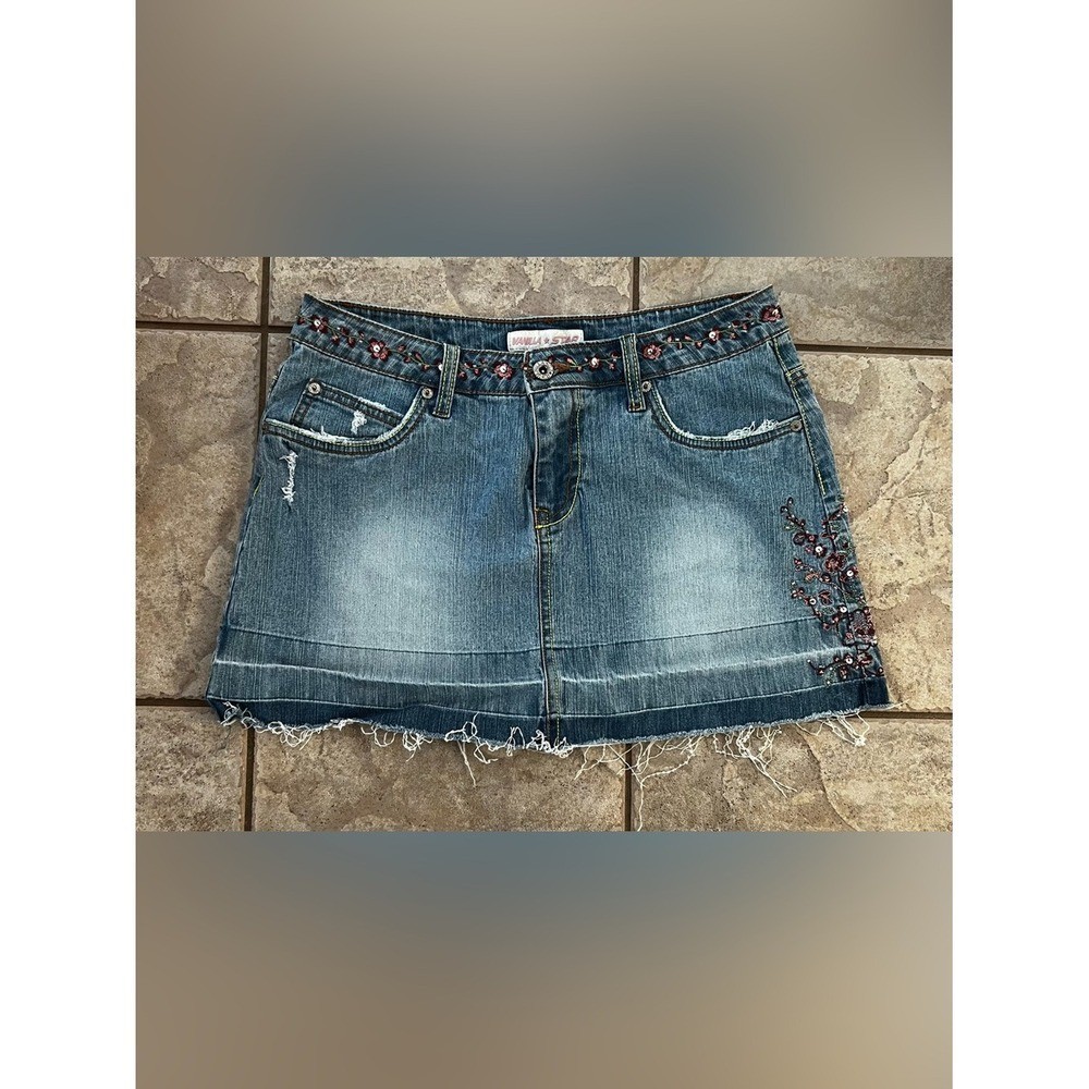 Vanilla Star Denim Mini Skirt Floral Embroidered Sequin Y2K Raw Hem Blue Size 13