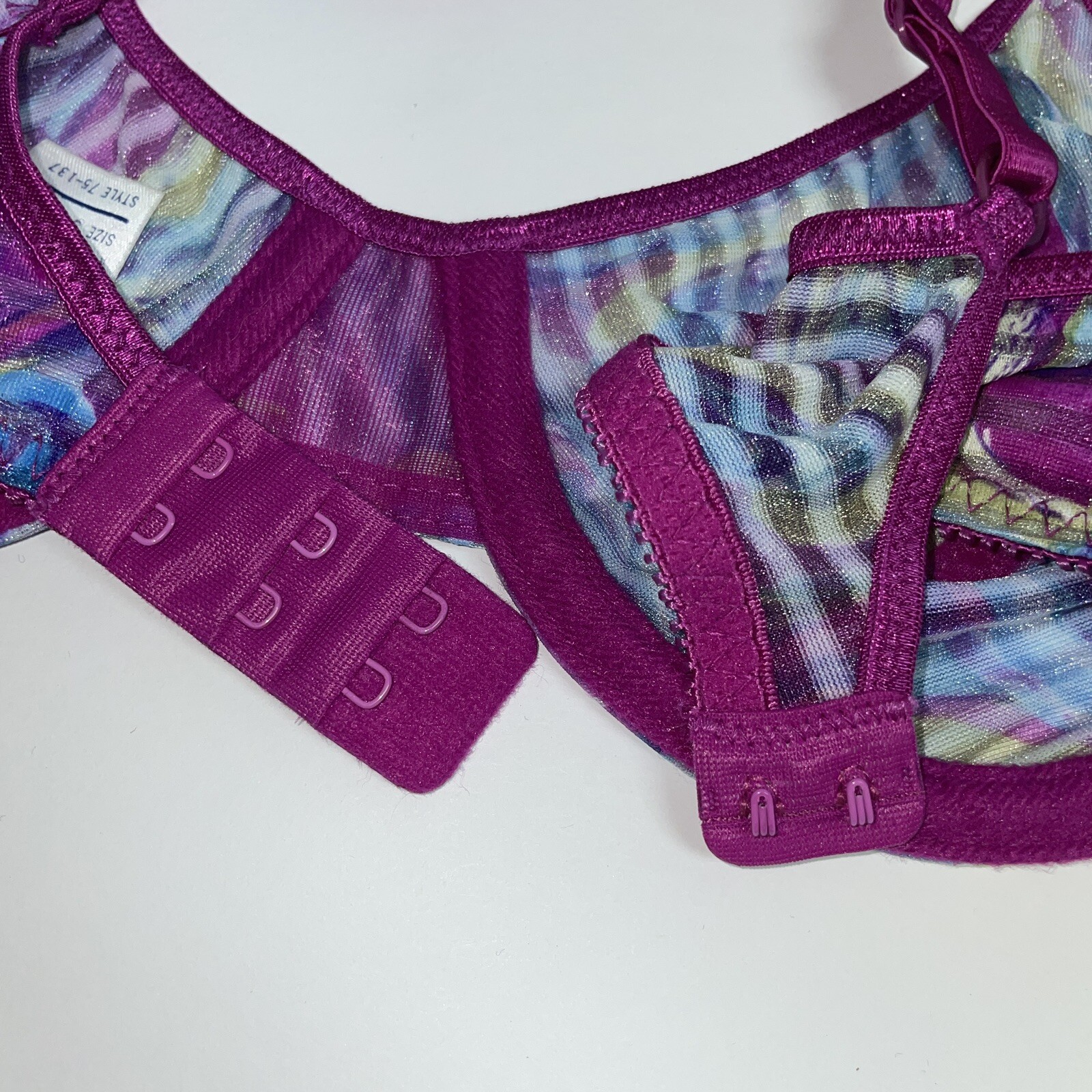 Vtg VASSARETTE Bra 36B Nylon Purple Semi Sheer Underwire Shimmer Floral 75-137