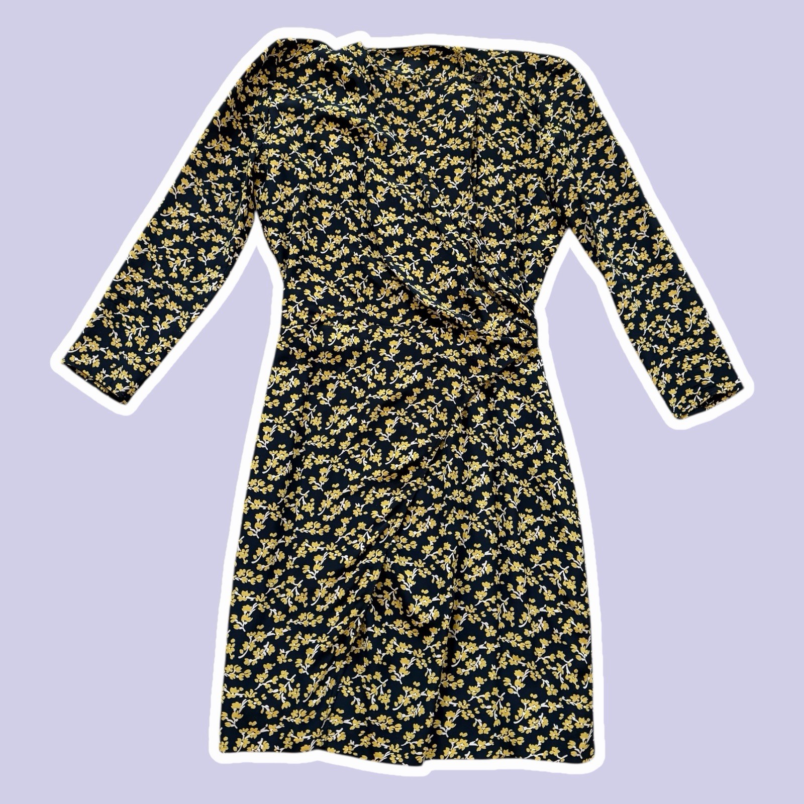 VTG ~ 1990s ~ Black and Yellow Floral Wrap Dress ~ Chic ~ Midi ~ Size M