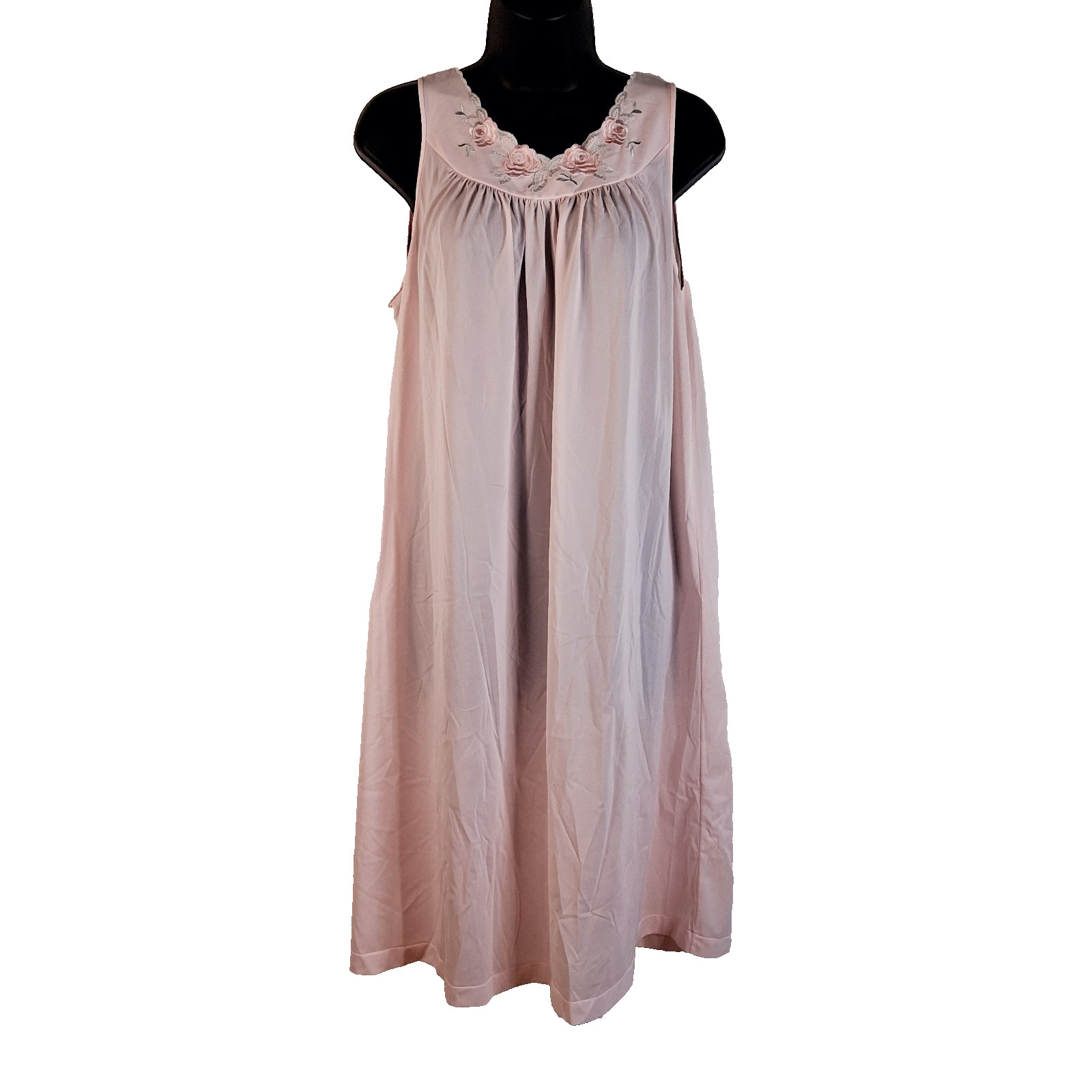 Shadowline Nightgown Size Small Floral Trim Pink Pastel All Nylon Sleeveless 36″