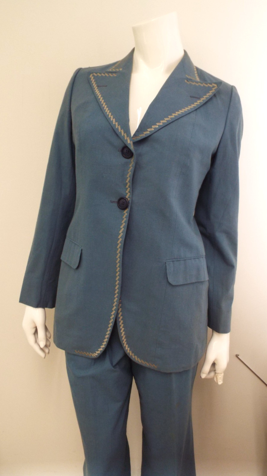 Vintage 1970s De Noyer Blue Cotton Womens Pant Suit 36 James Borynack France