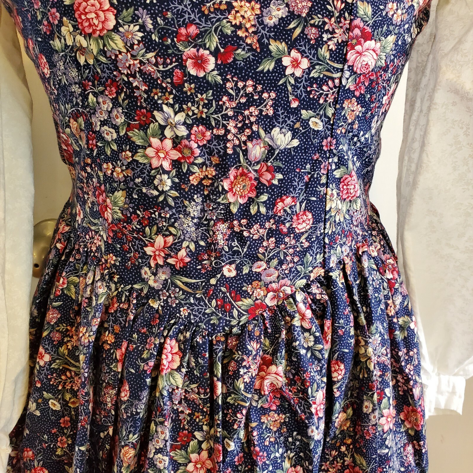 Vintage Prairie Dress XS Ditsy Floral Midi Navy Blue Sleeveless Cottage Core