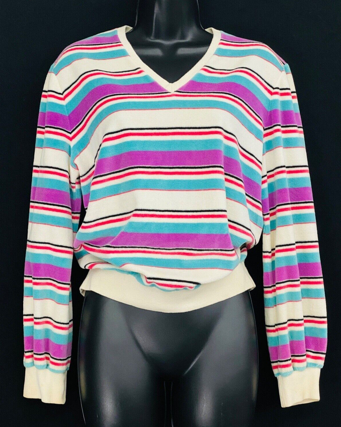 Vintage 1980s velvety shirt, purple white stripes velour top teal oversize M L