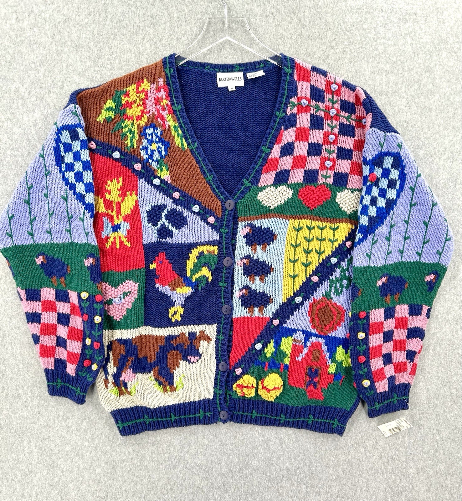 NEW Vtg Cardigan Sweater Large Barn Farm Animal Cow Knit Cardigan Size XL NWT