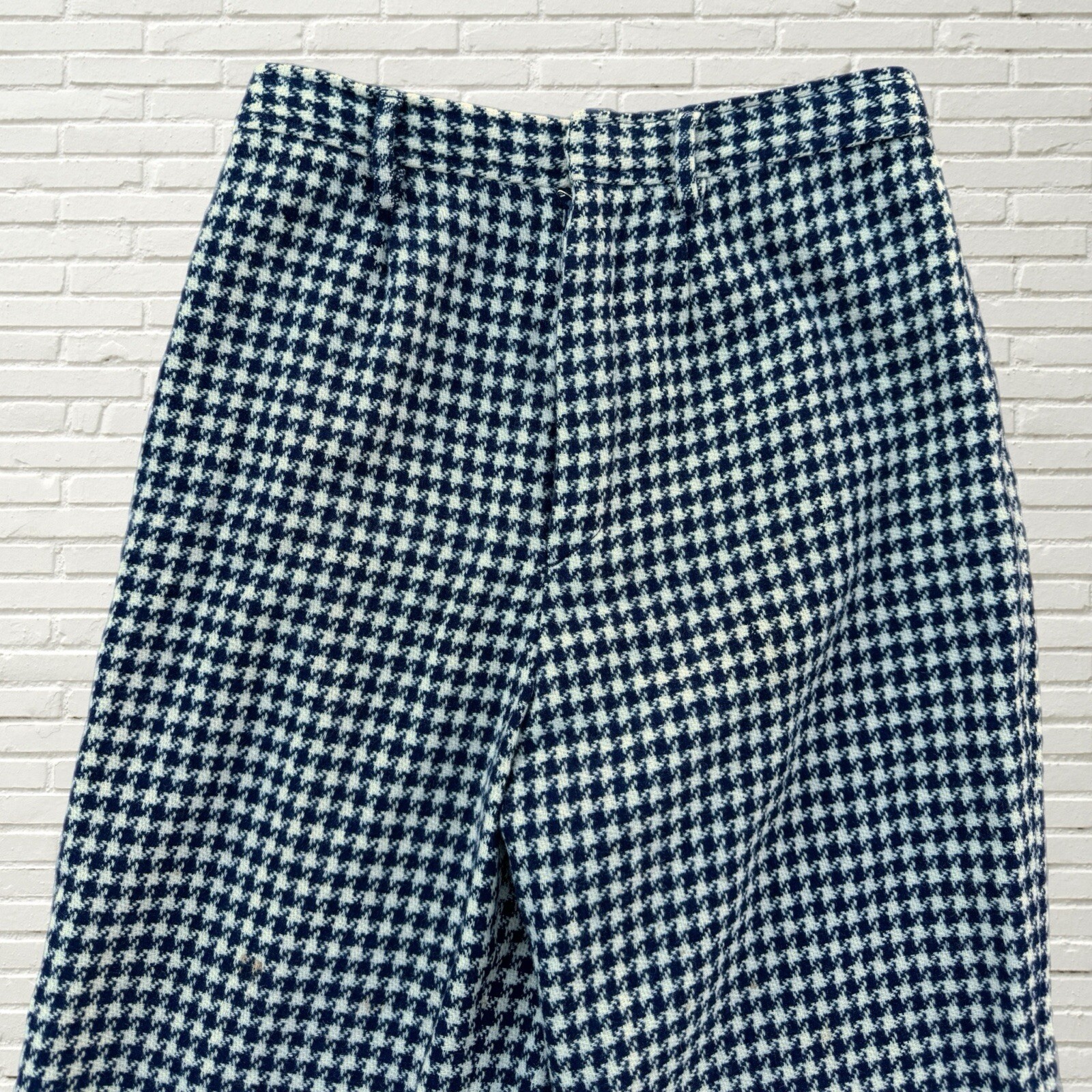 Vintage 70s Wool Houndstooth Flare Pants- Cream And Blue Hippie