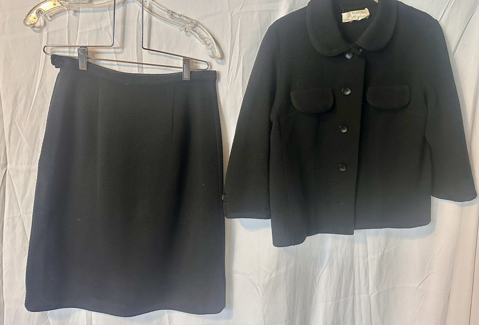 Vintage Kimberly Black Wool Knee Skirt Suit 12 Button up Knit Blouse 50s