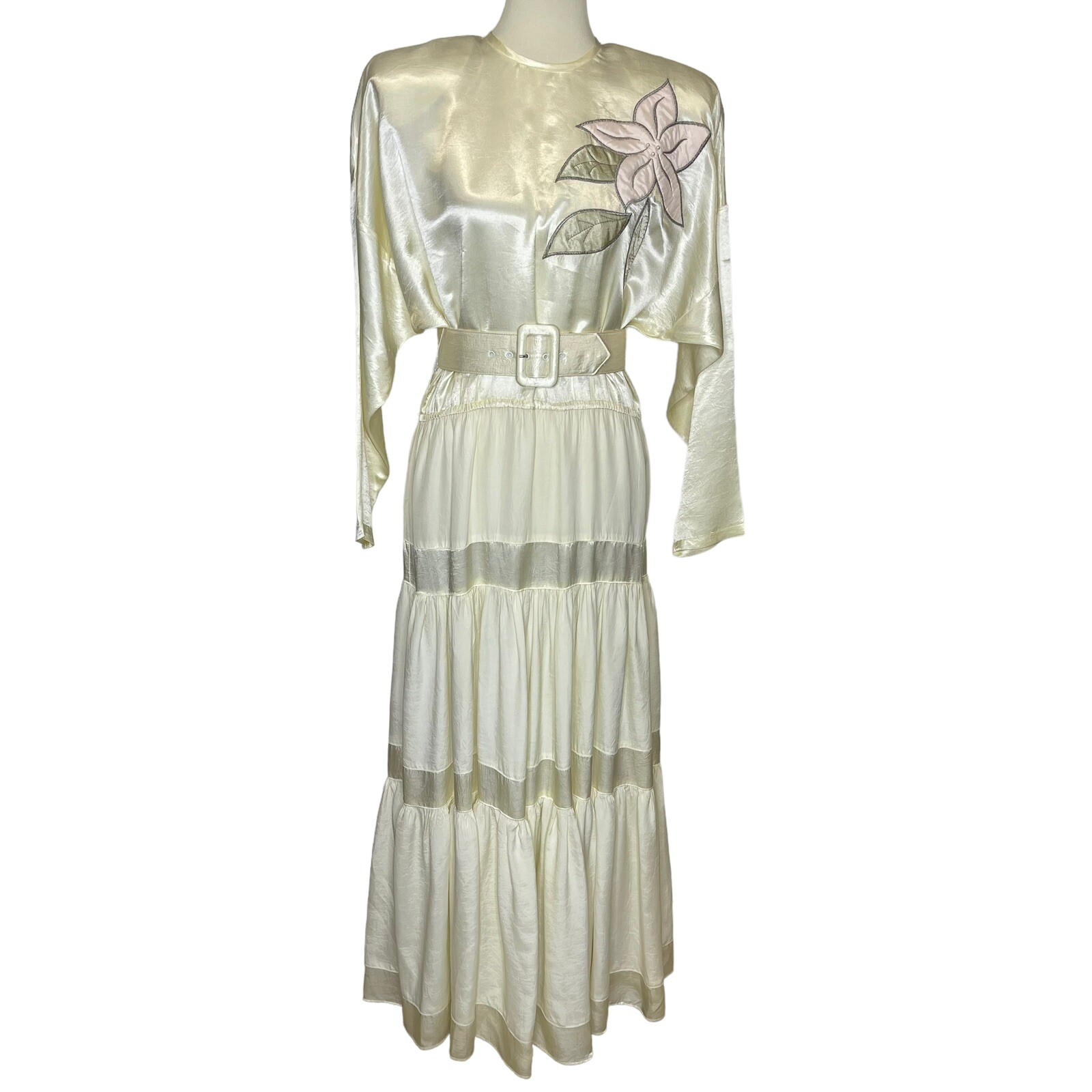 Vintage Choon California Ivory Satin Tiered Maxi Long Dress Belted USA Size 8?