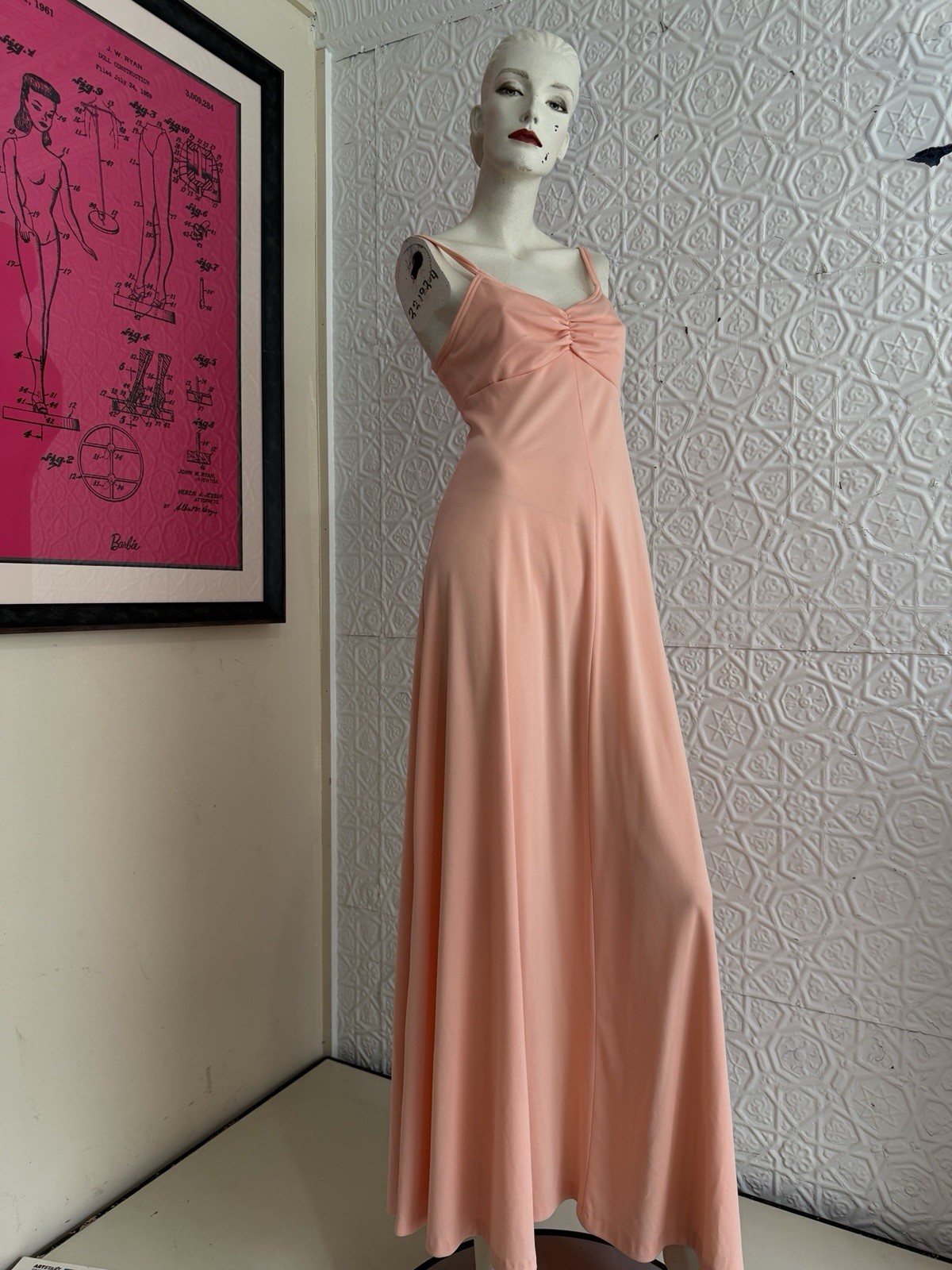 vintage 1970s peach gown-Prom-Party-Bridal-S/M orange maxi dress Femme pink