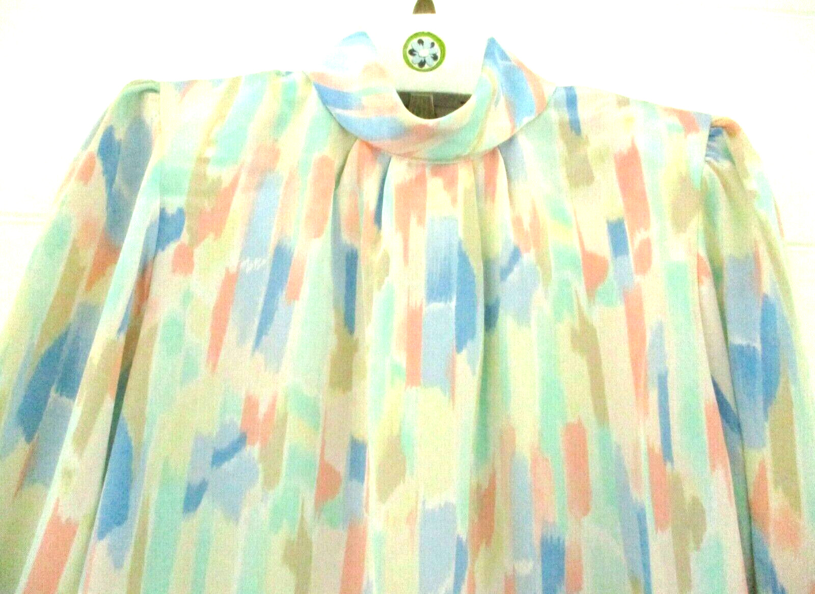 Vtg 1980’s Pastel Multi High-Neck Secretary Blouse Size 16 Striped Puffy Sleeve