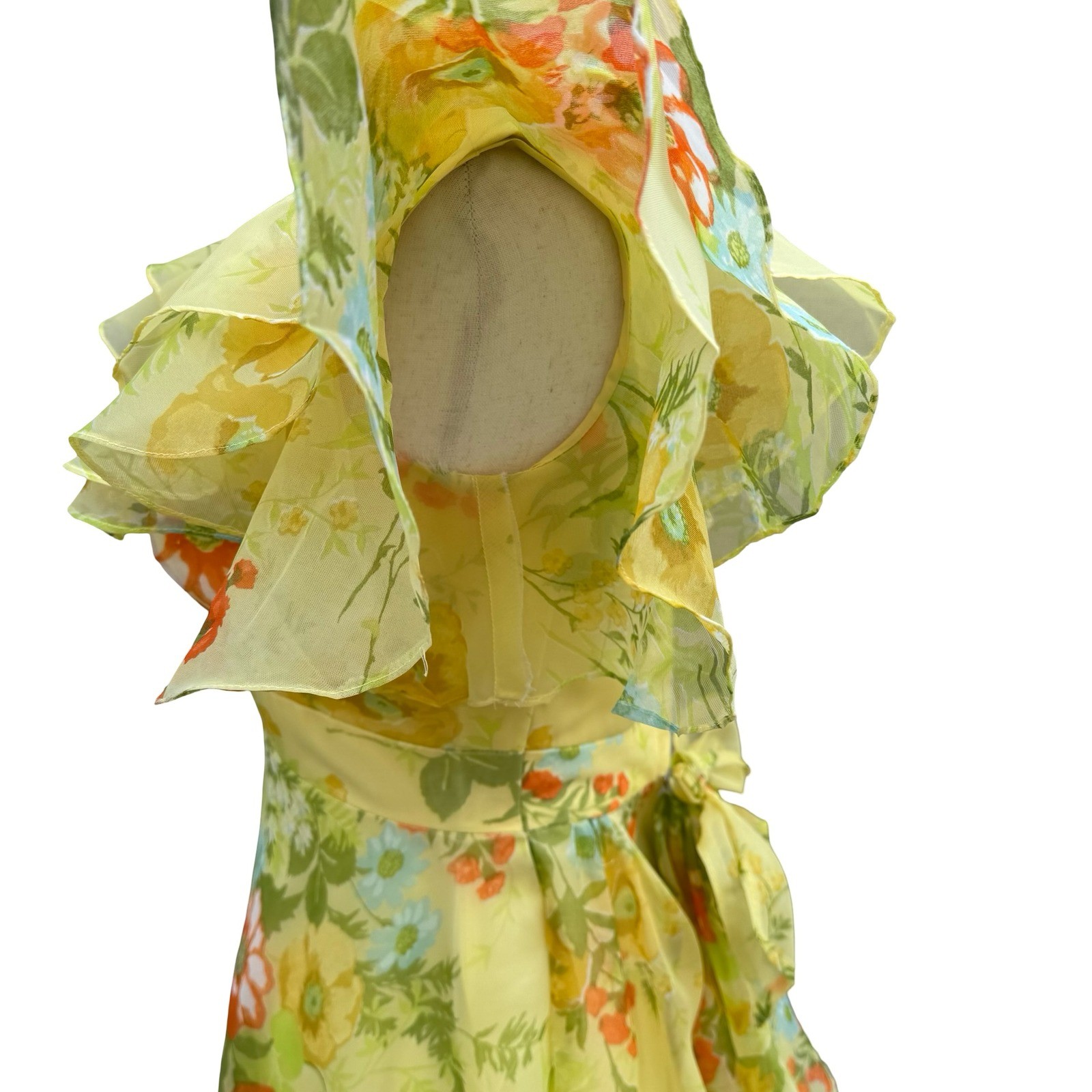 Vintage 70s Butter Yellow Floral Cottagecore Chiffon Ruffle Tiered Maxi Dress XS