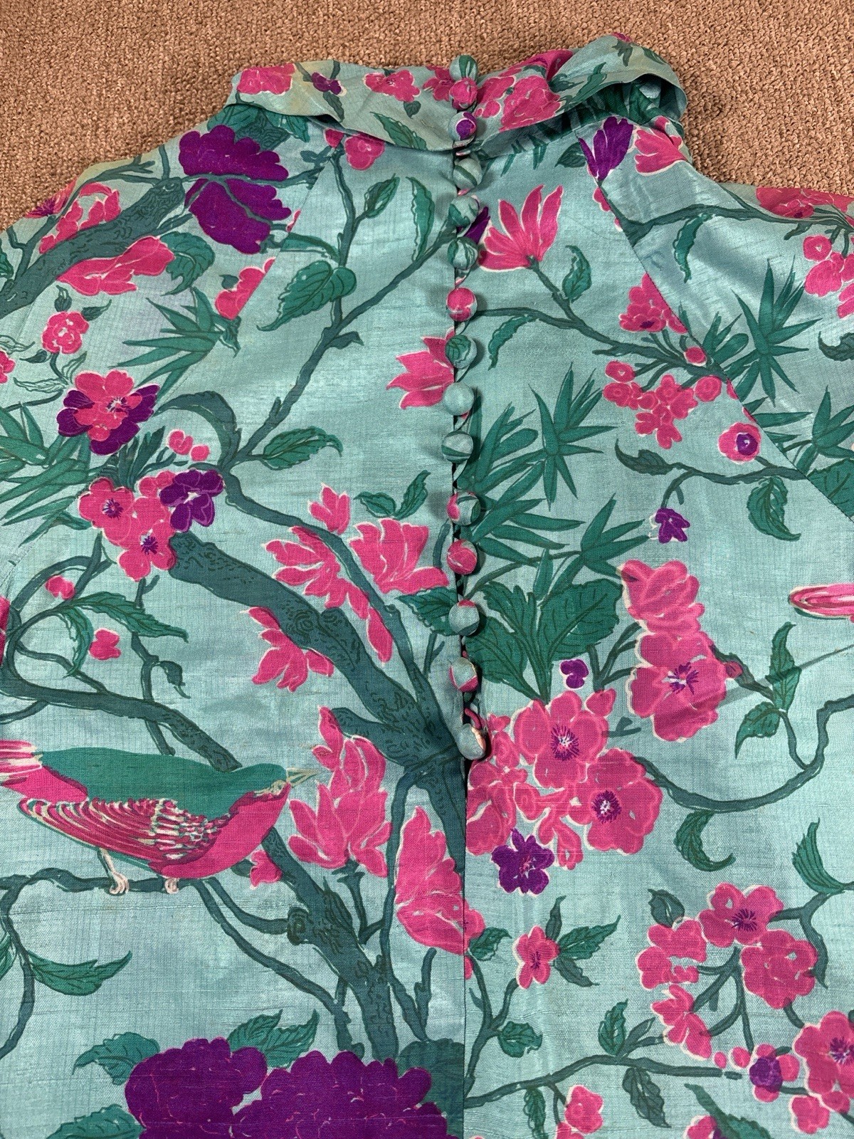 Vintage 100% Thai Silk Dress Bird Floral Print Peuan Thai Studio XS Hand Woven