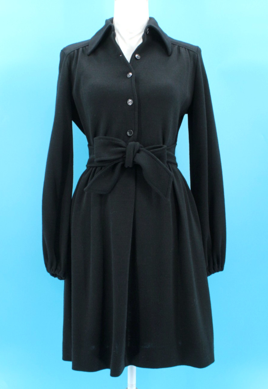 Vtg Women’s 70s Black Jonathan Logan Shirtwaist Midi Dress Sz XS/S 1970s