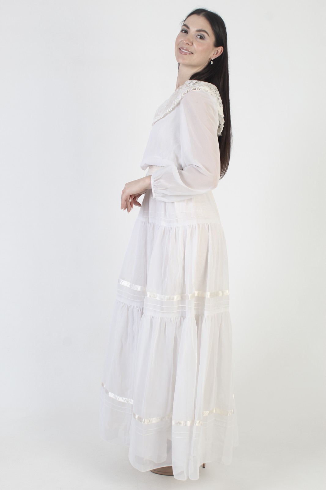 Vtg 70s White Victorian Dress Sheer Lace Boho Prairie Monochrome Wedding Gown