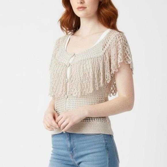 vintage 90s crochet knit blouse | nude net knit | boho hippie flutter sleeve