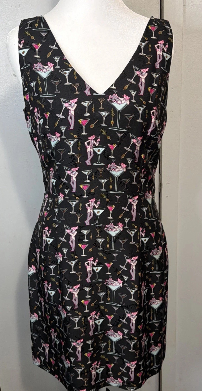 Nicole Miller VTG 90s Pink Panther Martini Glass Mini Sheath Dress Silk 4