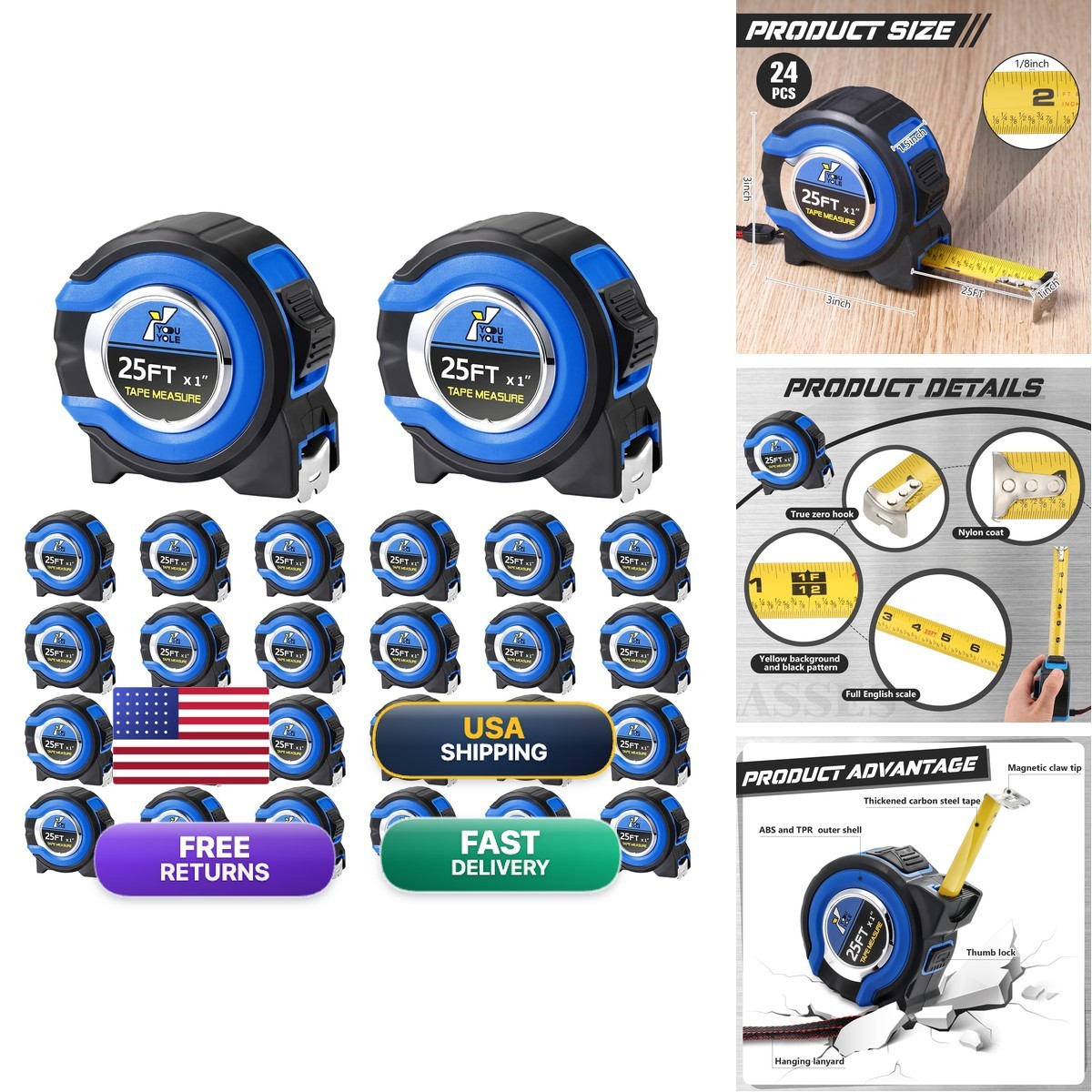 Youyole 24 Pack Tape Measure Fractions 1/8 Steel Measuring Tape Retractable