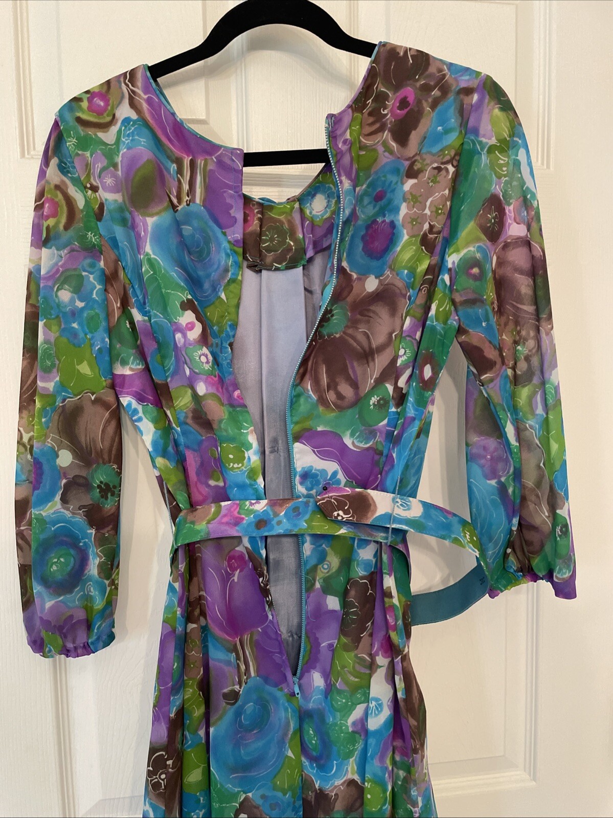 Vintage Floral Gown Blue Green Watercolor Chiffon Dress 60s 70s Size: XS S