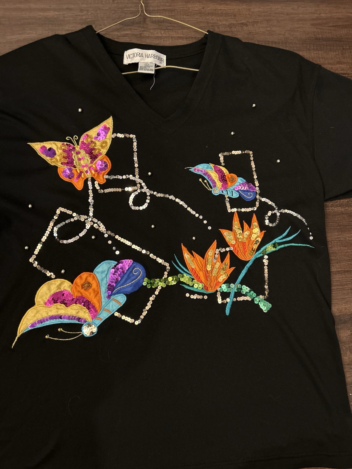 Vtg Victoria Harbour Butterfly Embellished Sequence Beaded Shirt Large Black