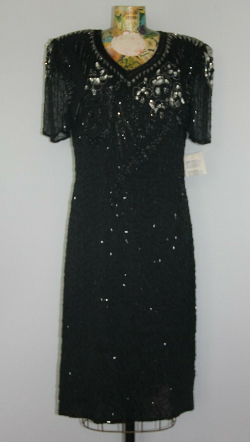 Swee Lo L Cocktail Dress Silk Black Silver Floral Beaded Vtg Retro Glam 80’s NWT