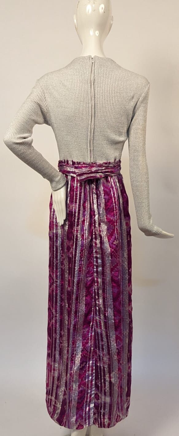 VINTAGE 1970’S GLITTERED GRAY KNIT + SILVER STRIPED FLORAL LONG DRESS