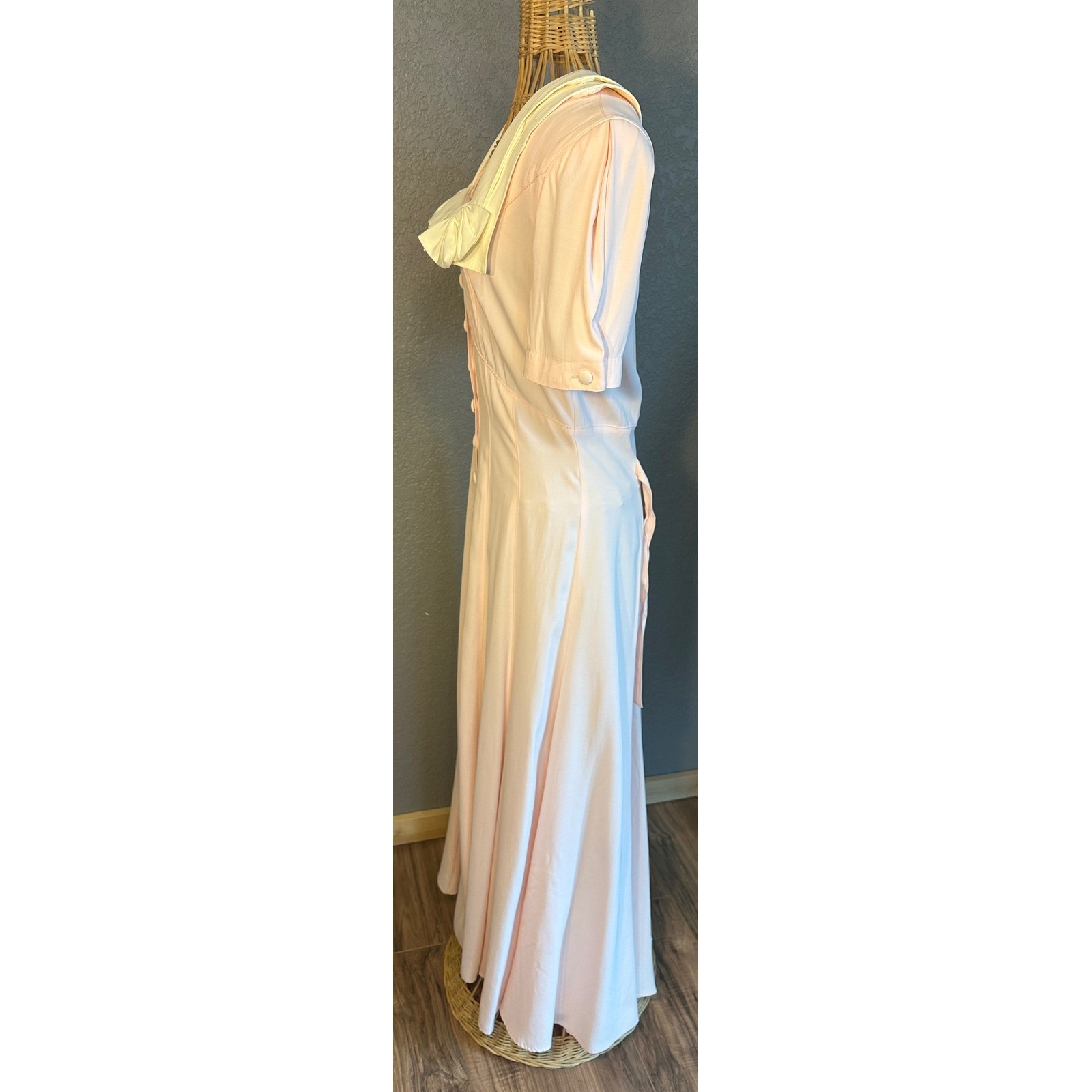 Vtg Karen Alexander 8 Pink Sailor Collar Maxi Dress Bows Button up Cottagecore
