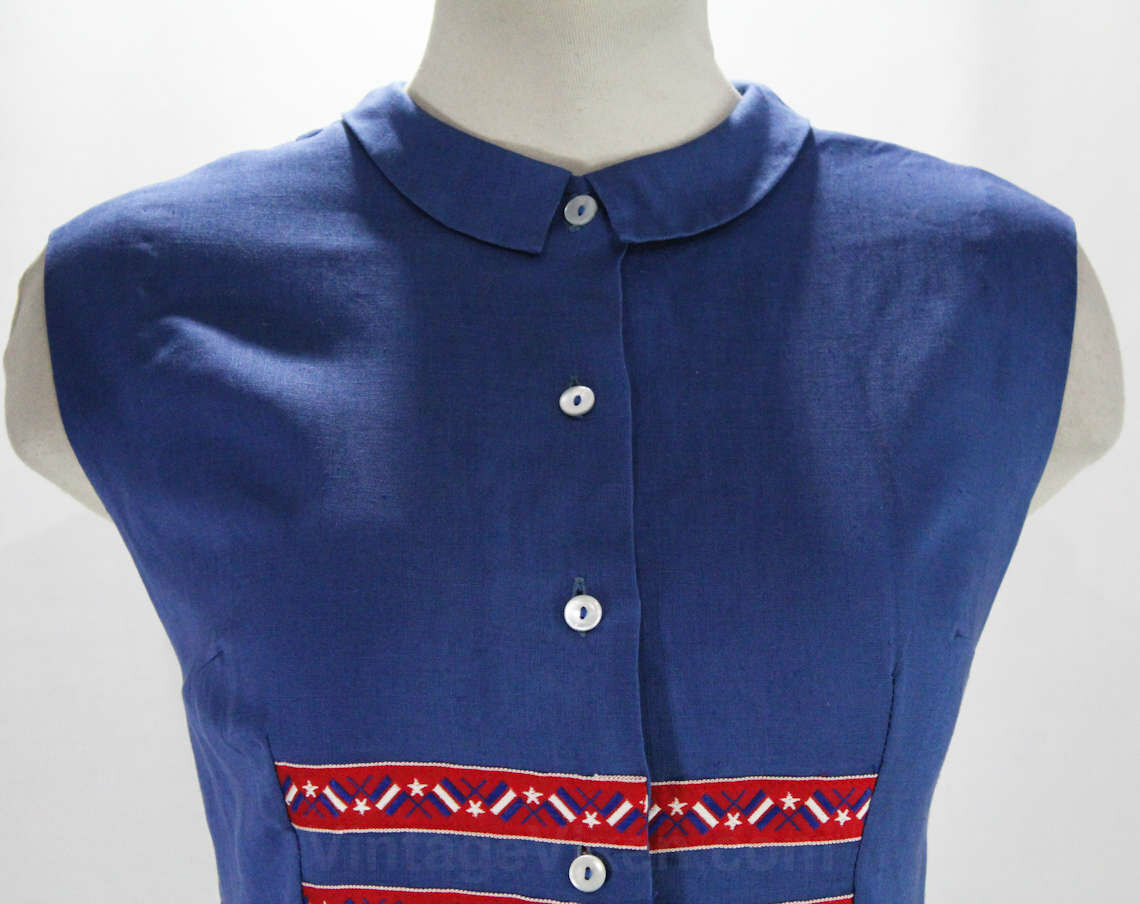 Size 6 McMullen Blouse 1950s Blue Linen Tailored Top Red Nautical Flags Shirt
