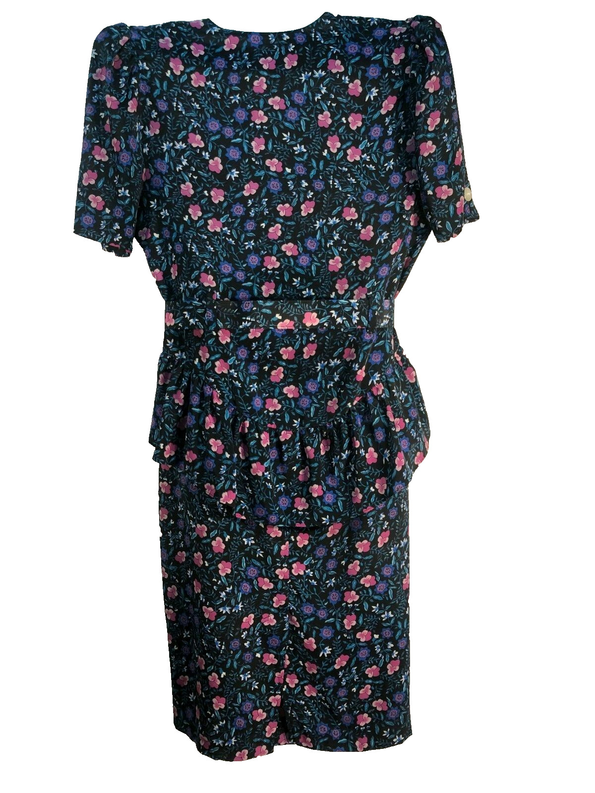 EUC 1980s vtg Caroline Wells Collection poly floral belted peplum dress, sz 10P