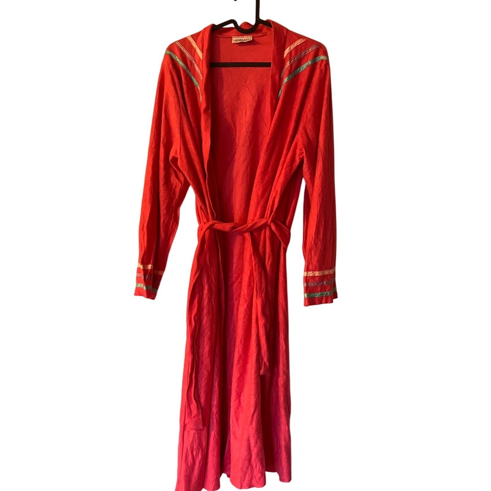 VNTG Adesso! Pink Robe Long Duster Ribbon Trim Belted Hot Pink Stranger Things