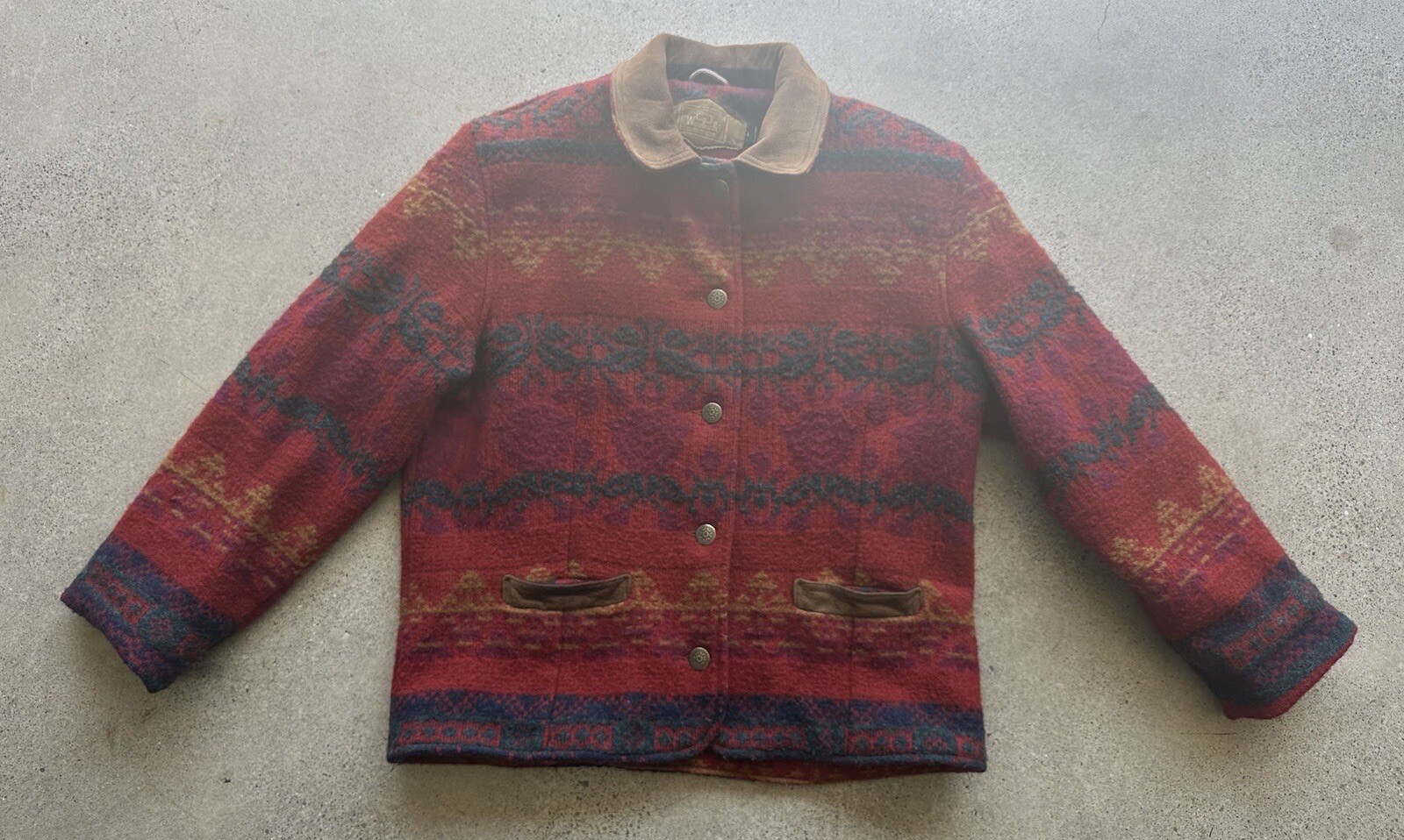Vintage Woolrich Red Wool Leather Suede Corduroy Trim Floral Rose Jacket Size L