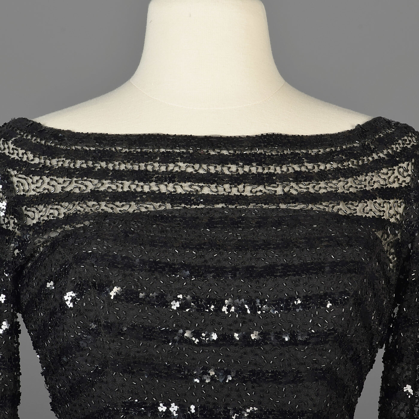 XXS Vintage 1960s 60s Ceil Chapman Long Sleeve Sequin Little Black Dress LBD
