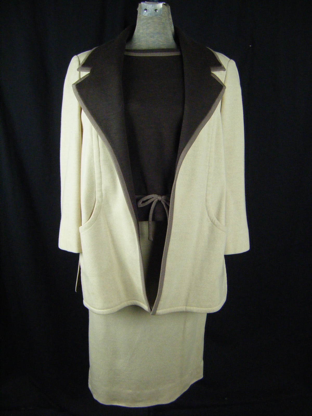 LILLI ANN Vtg 60-70s Beige/Brown Fine Wool Knit Top/Skirt/Jacket-Bust 40/M