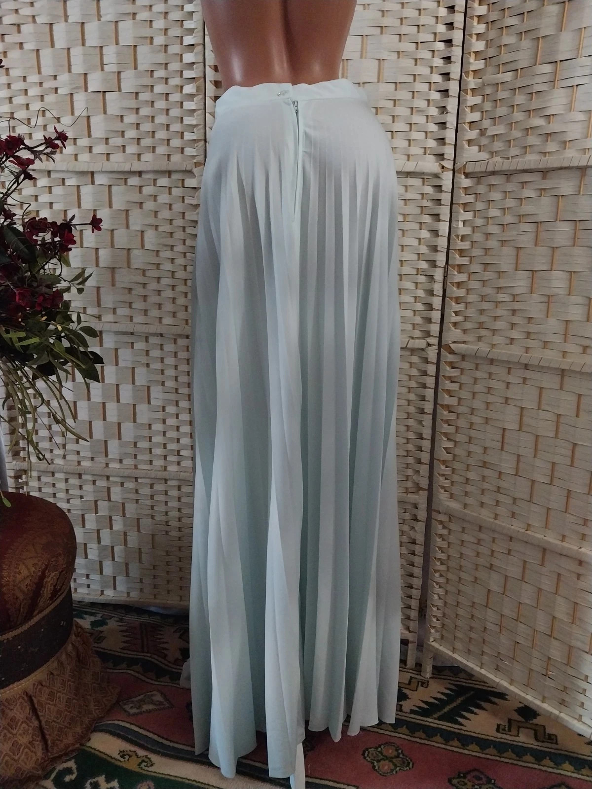 VTG Silky BABY BLUE CRYSTAL PLEATS PLEAT MAXI DRESS SKIRT FLARE SWEEP TWIRLY