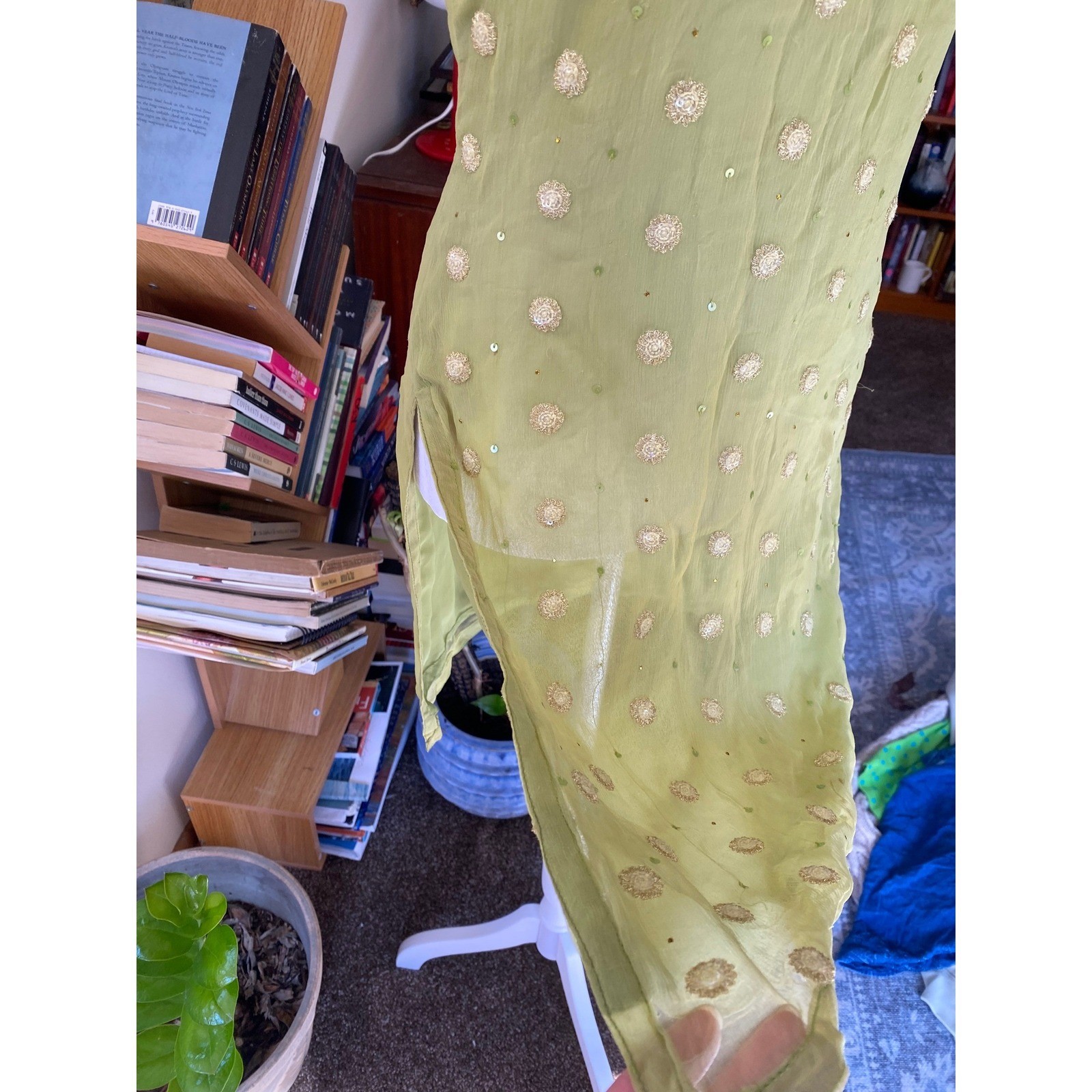 Vintage Silk Sheer Embroidered Green Shift Dress Medium Boho Fairy Ethereal Fest