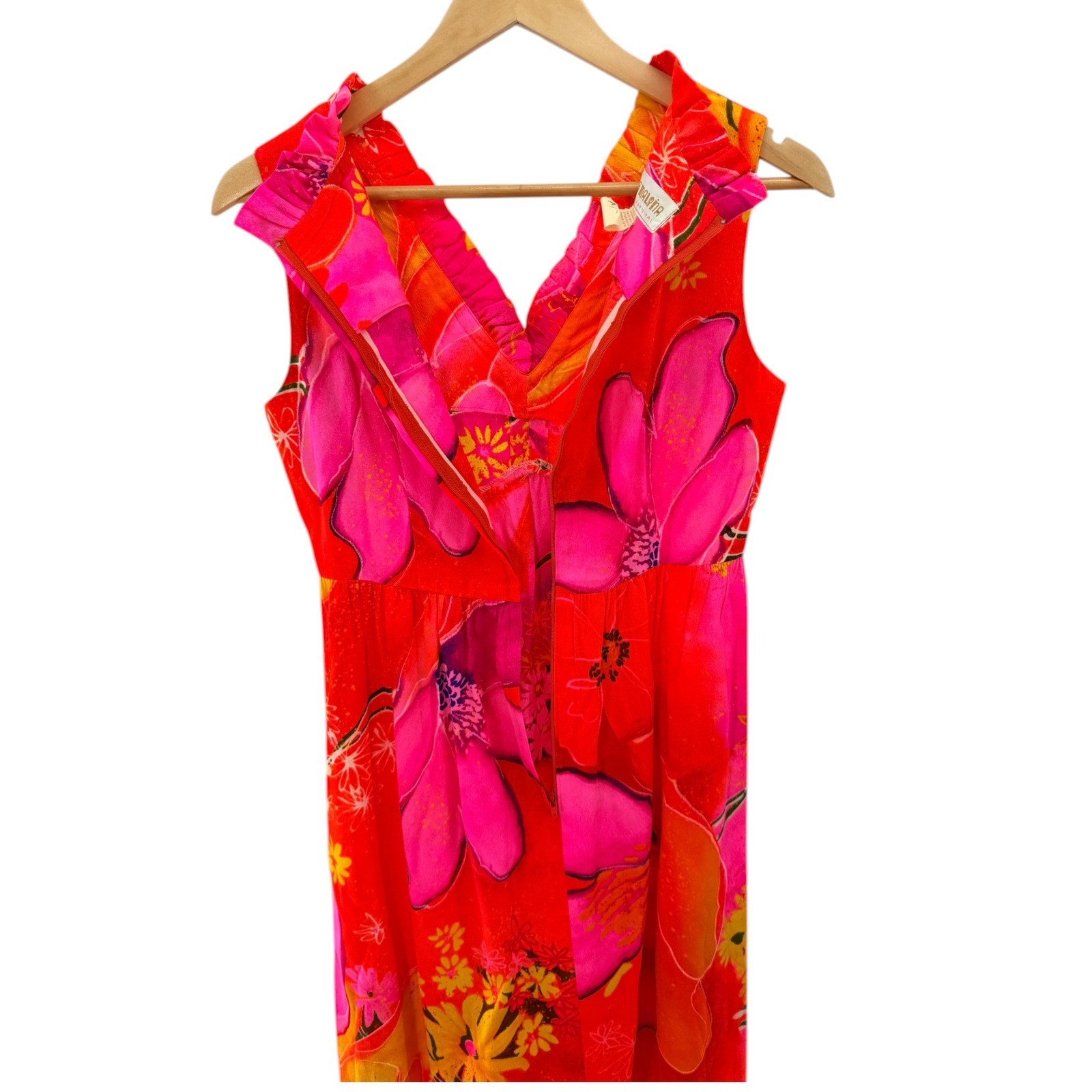 Miss Malina Honolulu Vintage Pink Red Floral Ruffle Maxi Dress Womens 10 12 70s