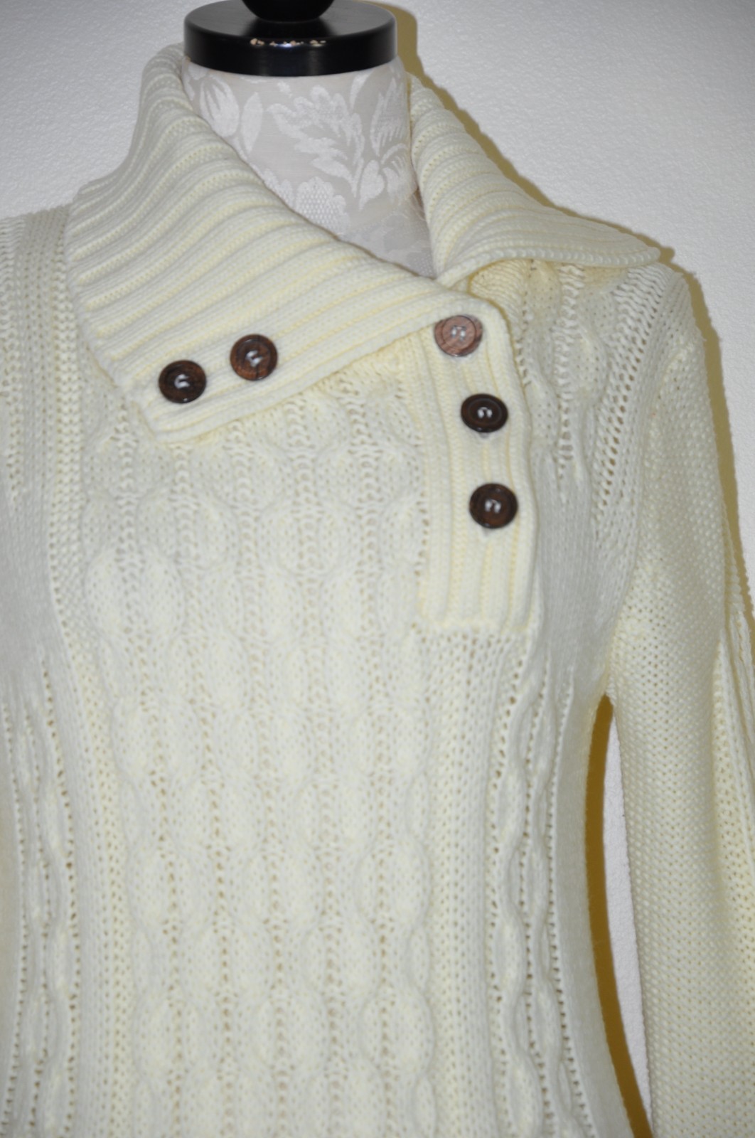 70s Vintage Cream Chunky Cable Knit Buttons Turtleneck Fisherman Sweater Women S